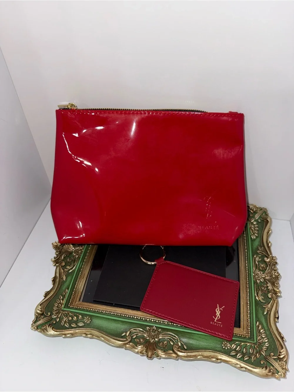 YSL Red Patent Cosmetic Pouch with Mirror Keychain